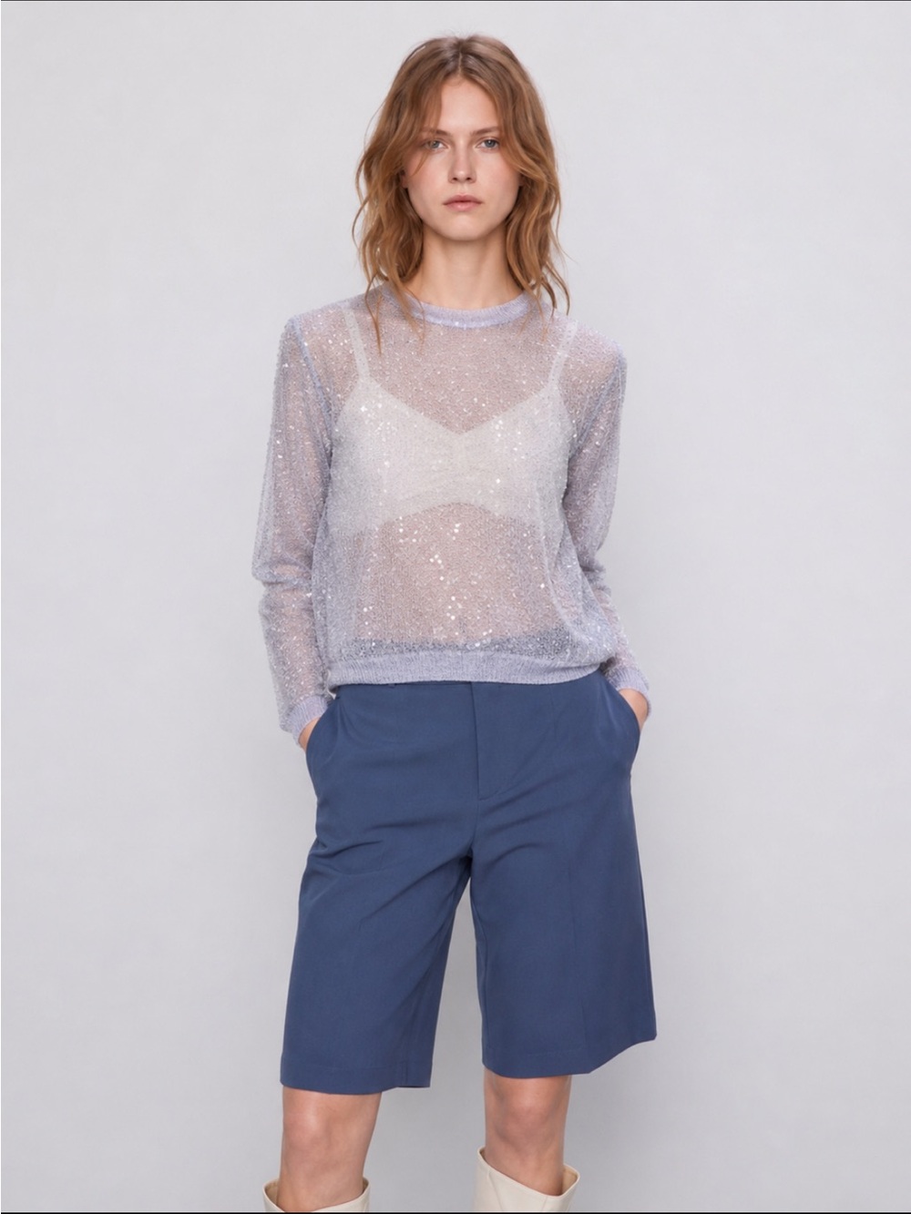 ZARA Sequin Sheer Knit Top – Lavender Sparkle Long Sleeve